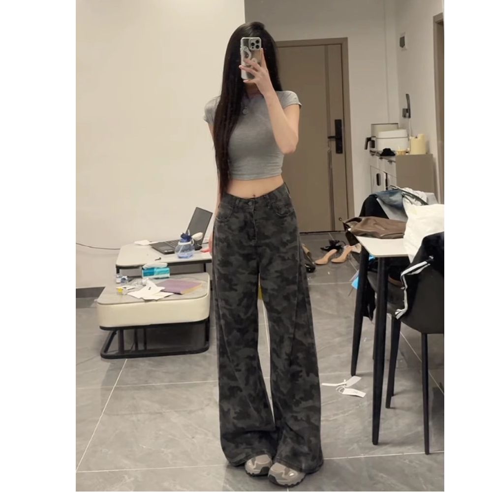 美式復古辣妹迷彩高腰闊腿牛仔褲女春夏新款寬松顯瘦直筒拖地褲子