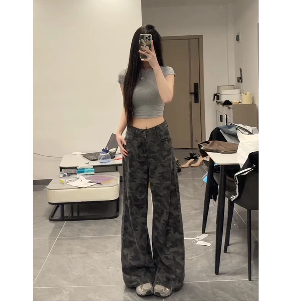 美式復古辣妹迷彩高腰闊腿牛仔褲女春夏新款寬松顯瘦直筒拖地褲子