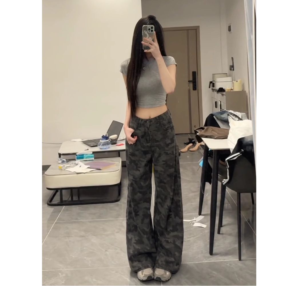 美式復古辣妹迷彩高腰闊腿牛仔褲女春夏新款寬松顯瘦直筒拖地褲子