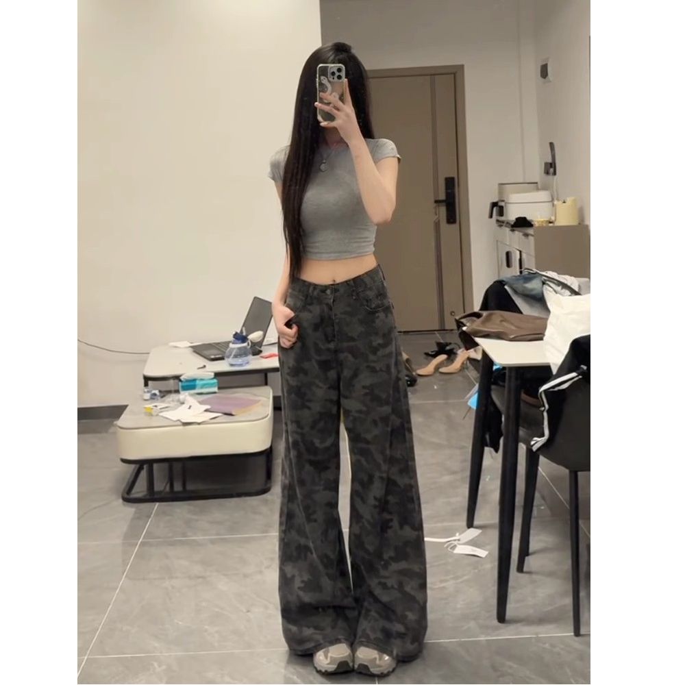 美式復古辣妹迷彩高腰闊腿牛仔褲女春夏新款寬松顯瘦直筒拖地褲子