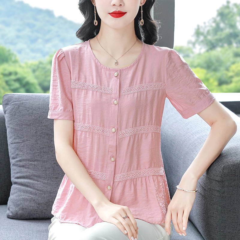 短袖棉麻襯衫女裝顯瘦夏季新款媽媽寬松上衣洋氣開衫大碼