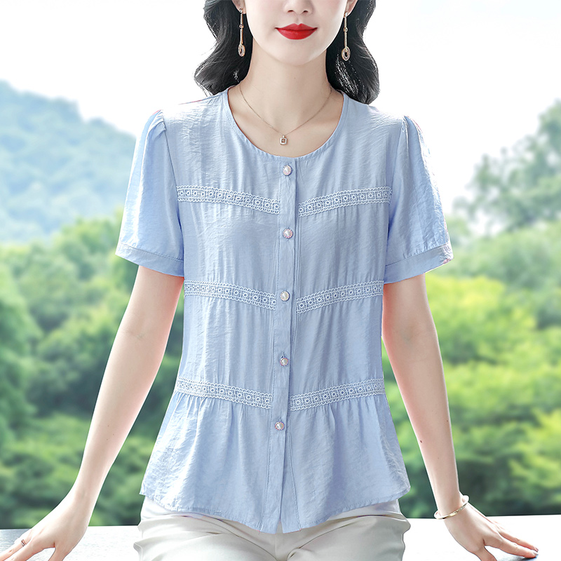 短袖棉麻襯衫女裝顯瘦夏季新款媽媽寬松上衣洋氣開衫大碼