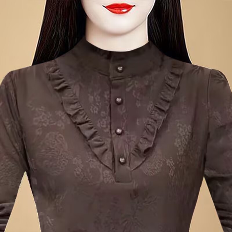 2026秋冬新款時尚洋氣百搭半高領荷葉邊套頭長袖女裝一體絨打底衫