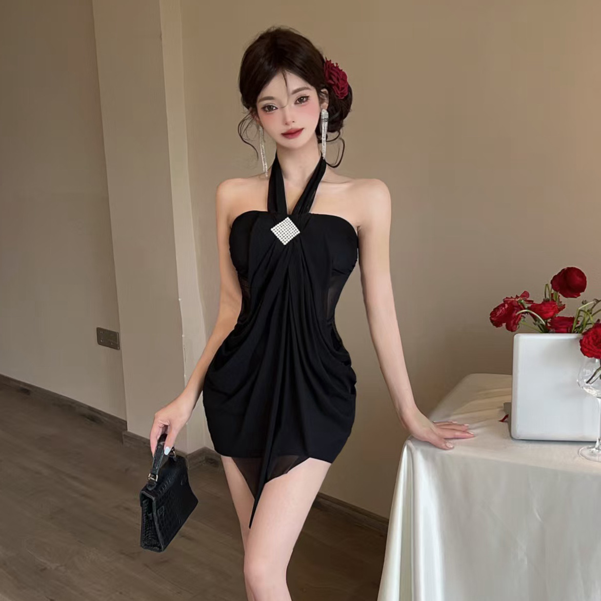 實拍控2性感網紗流蘇拼接打底露背連衣裙包臀