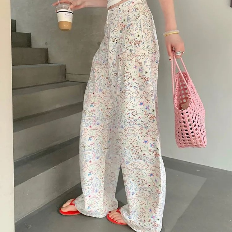 2026新款春夏印花涂鴉魚白色休閑褲女直筒闊腿顯瘦拖地牛仔褲