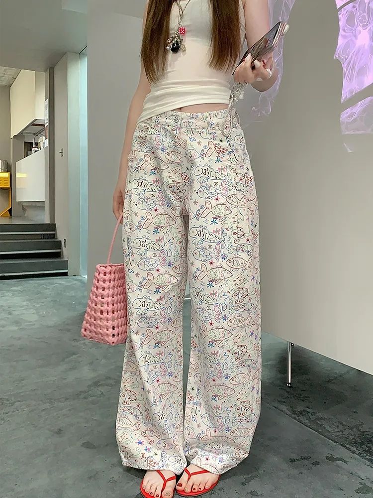 2026新款春夏印花涂鴉魚白色休閑褲女直筒闊腿顯瘦拖地牛仔褲