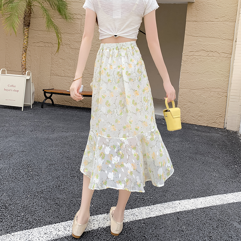 2025夏季碎花雪紡半身裙女不規則中長裙荷葉邊裙立體花卉A字裙子