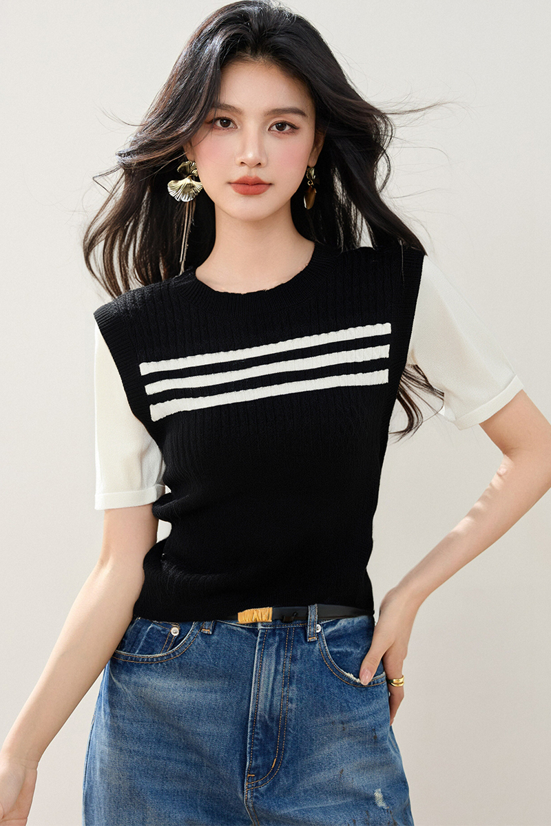 ◆◆假兩件針織短袖t恤女2026新款夏設計感小眾寬松拼接