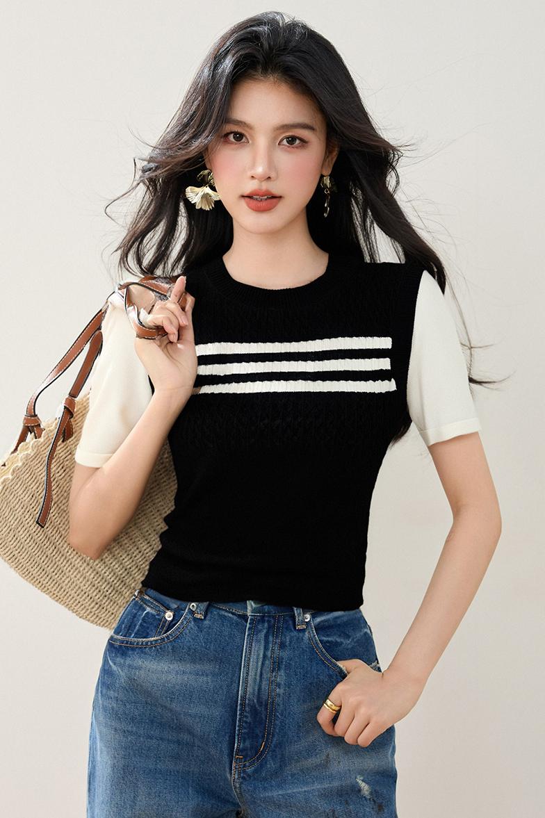 ◆◆假兩件針織短袖t恤女2026新款夏設計感小眾寬松拼接
