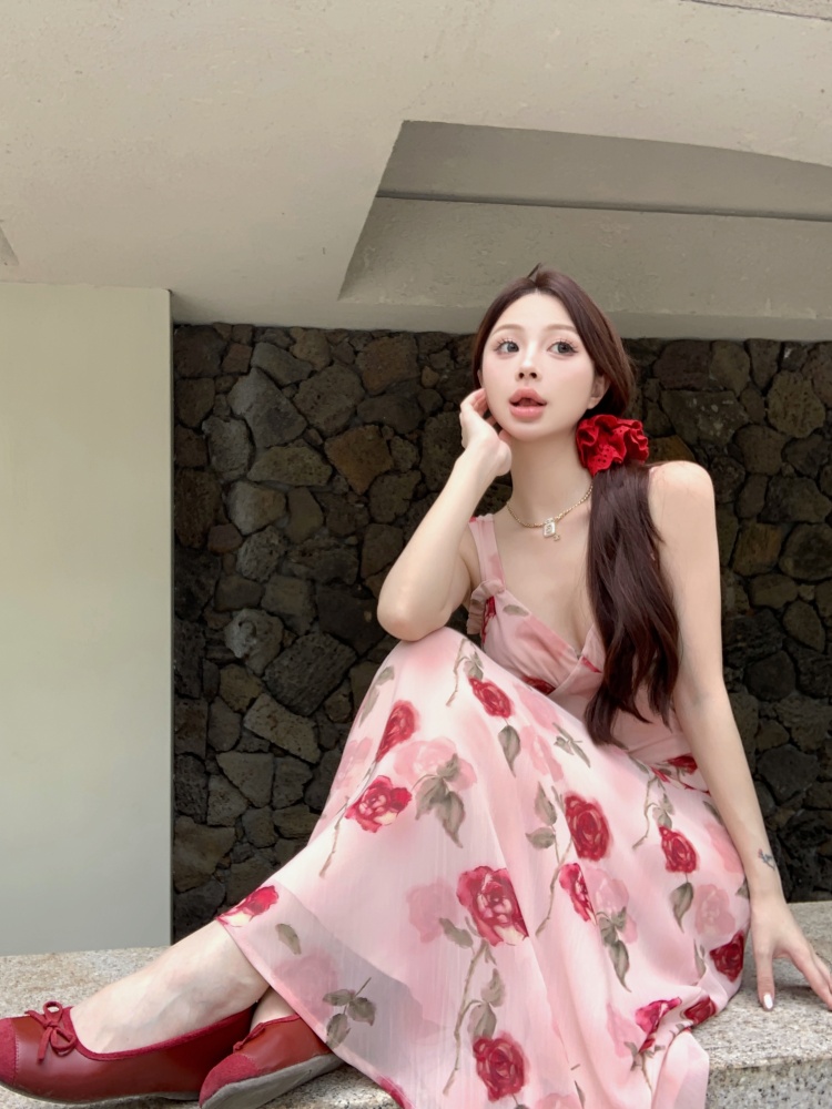 實拍實價 淑女度假風玫瑰花網紗吊帶連衣裙中長款
