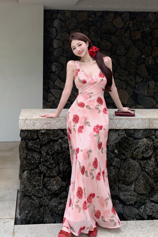 實拍實價 淑女度假風玫瑰花網紗吊帶連衣裙中長款