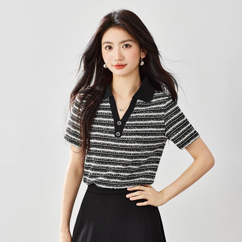 條紋短袖T恤女2026夏季新款休閑簡約V領百搭時尚polo上衣