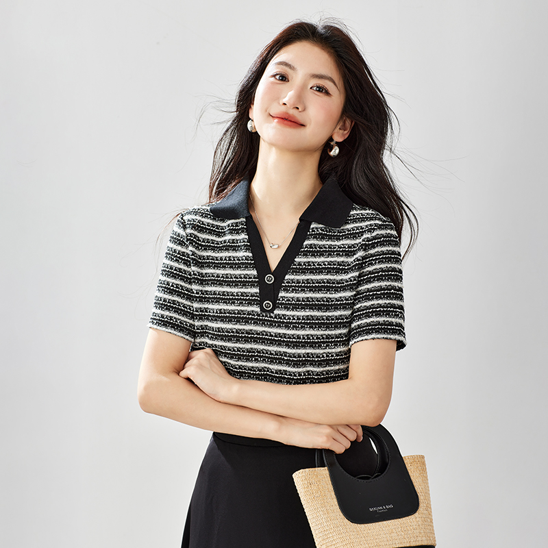 條紋短袖T恤女2026夏季新款休閑簡約V領百搭時尚polo上衣