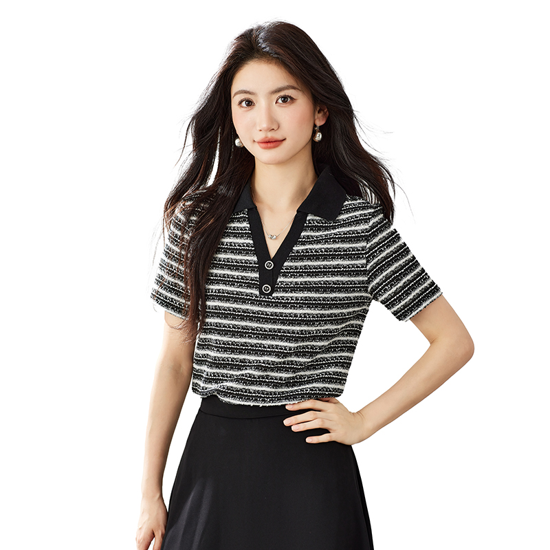 條紋短袖T恤女2026夏季新款休閑簡約V領百搭時尚polo上衣
