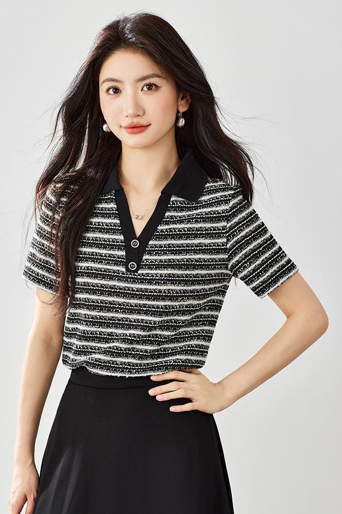 條紋短袖T恤女2026夏季新款休閑簡約V領百搭時尚polo上衣