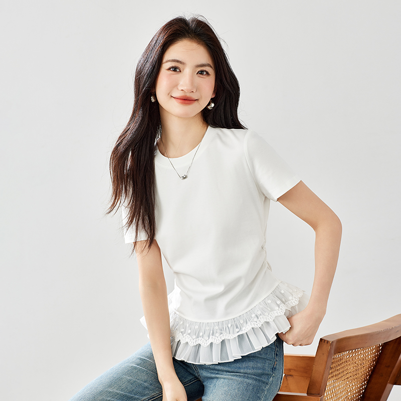 下擺拼接蕾絲修身T恤女2026夏季新款女裝圓領百搭顯瘦上衣女