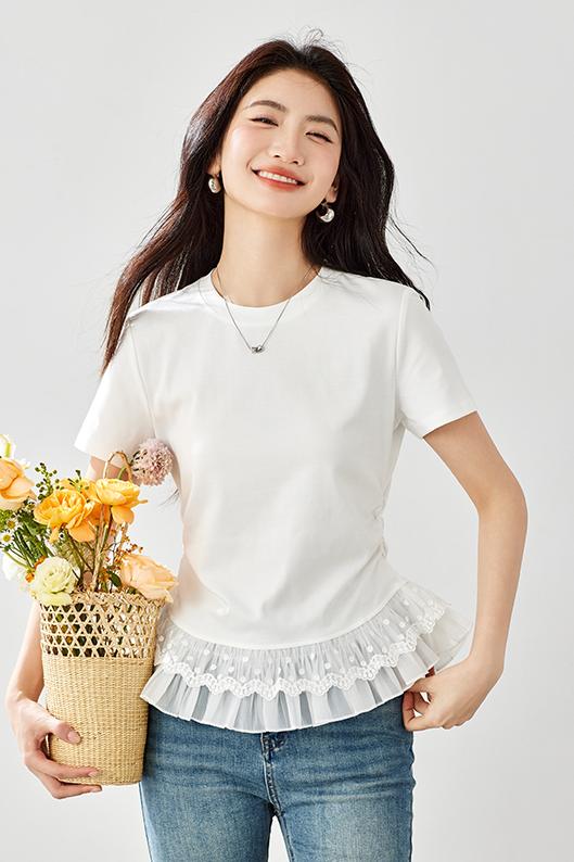下擺拼接蕾絲修身T恤女2026夏季新款女裝圓領百搭顯瘦上衣女