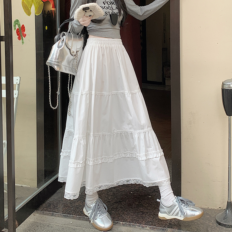 實拍花邊白色半身裙女春夏季高腰遮胯百搭蓬蓬a字中長傘裙女