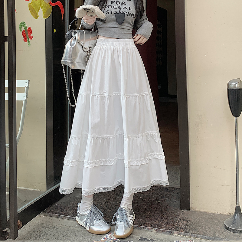 實拍花邊白色半身裙女春夏季高腰遮胯百搭蓬蓬a字中長傘裙女