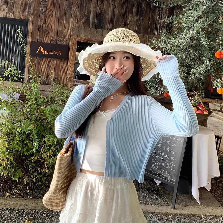 綠色防曬開衫女夏季薄款長袖小罩衫2026新款配吊帶裙外搭針織上衣