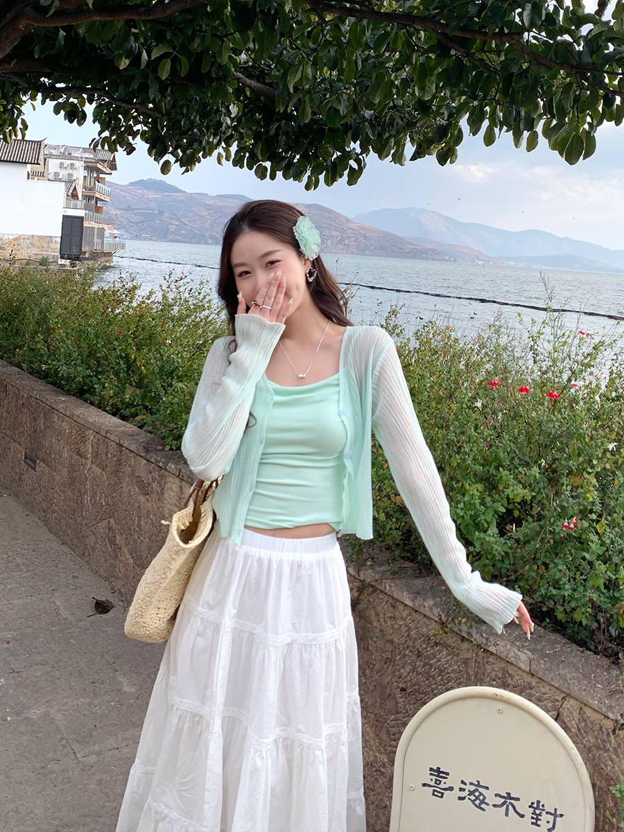 防曬開衫女薄款配吊帶2026新款夏季外搭薄紗罩衫藍色外套開春上衣