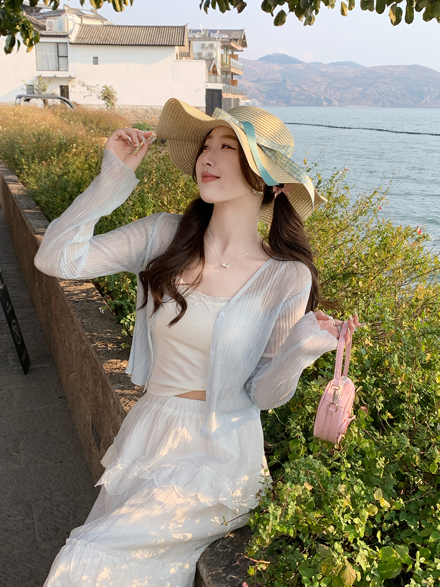 防曬開衫女薄款配吊帶2026新款夏季外搭薄紗罩衫藍色外套開春上衣
