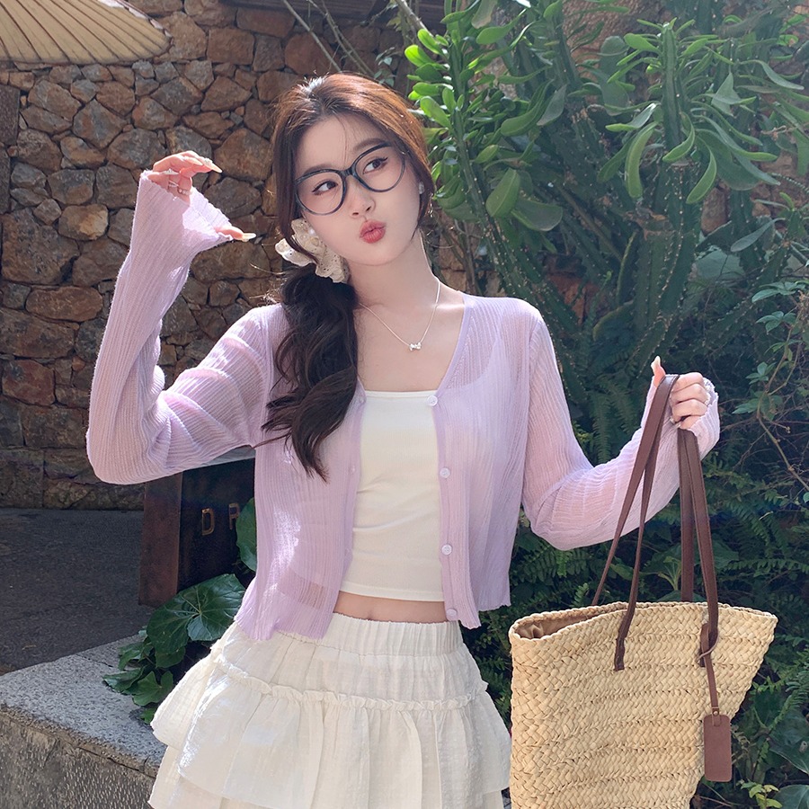 防曬開衫女薄款配吊帶2026新款夏季外搭薄紗罩衫藍色外套開春上衣