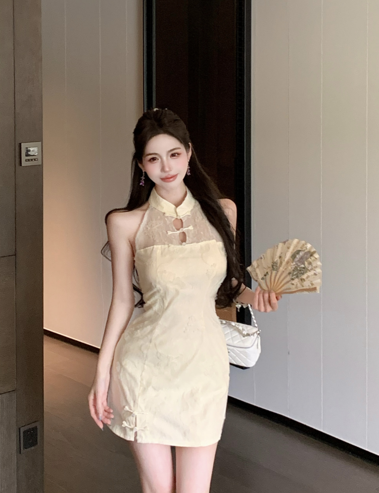 實拍實價 新中式通勤淑女風網紗盤扣連衣裙短款