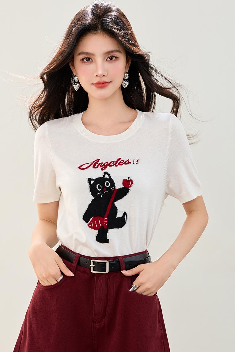實拍◆◆萌趣小貓若潮女裝2026新款圓領針織衫短袖毛衫套頭
