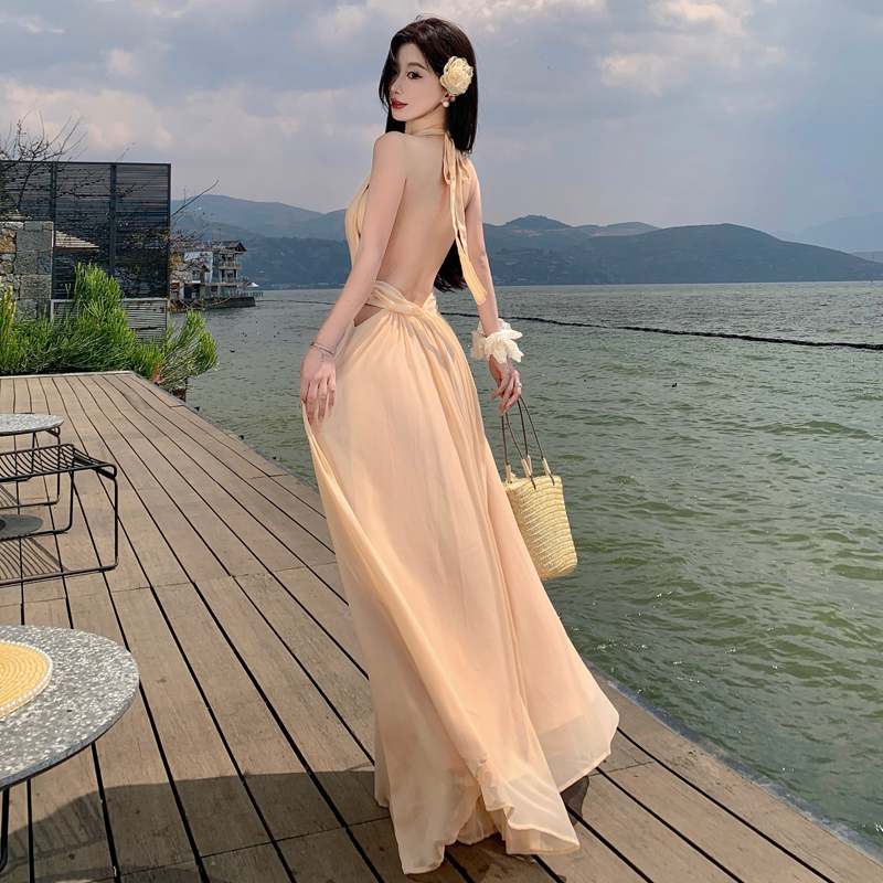 溫柔仙女垂墜感深V綁帶露背度假氛圍感長裙連衣裙