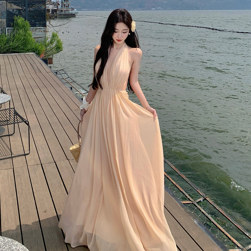 溫柔仙女垂墜感深V綁帶露背度假氛圍感長裙連衣裙