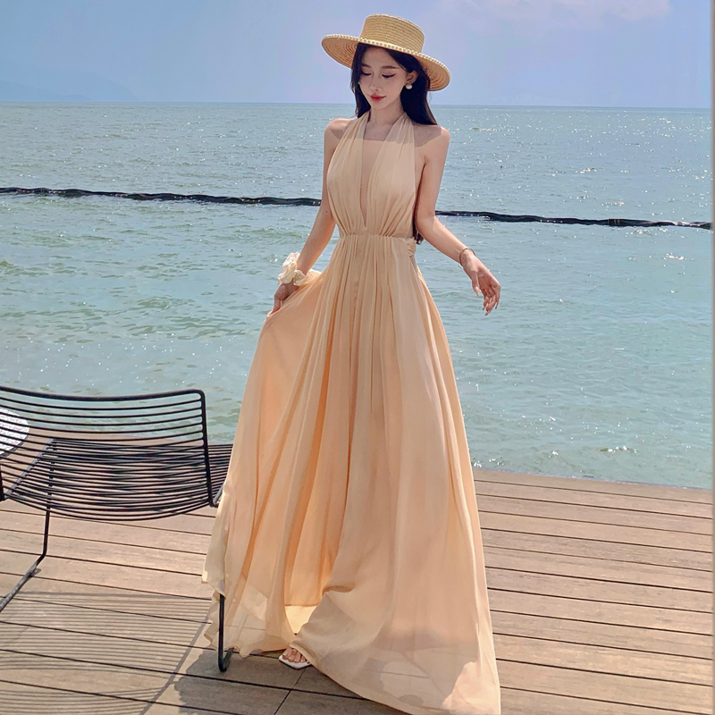 溫柔仙女垂墜感深V綁帶露背度假氛圍感長裙連衣裙