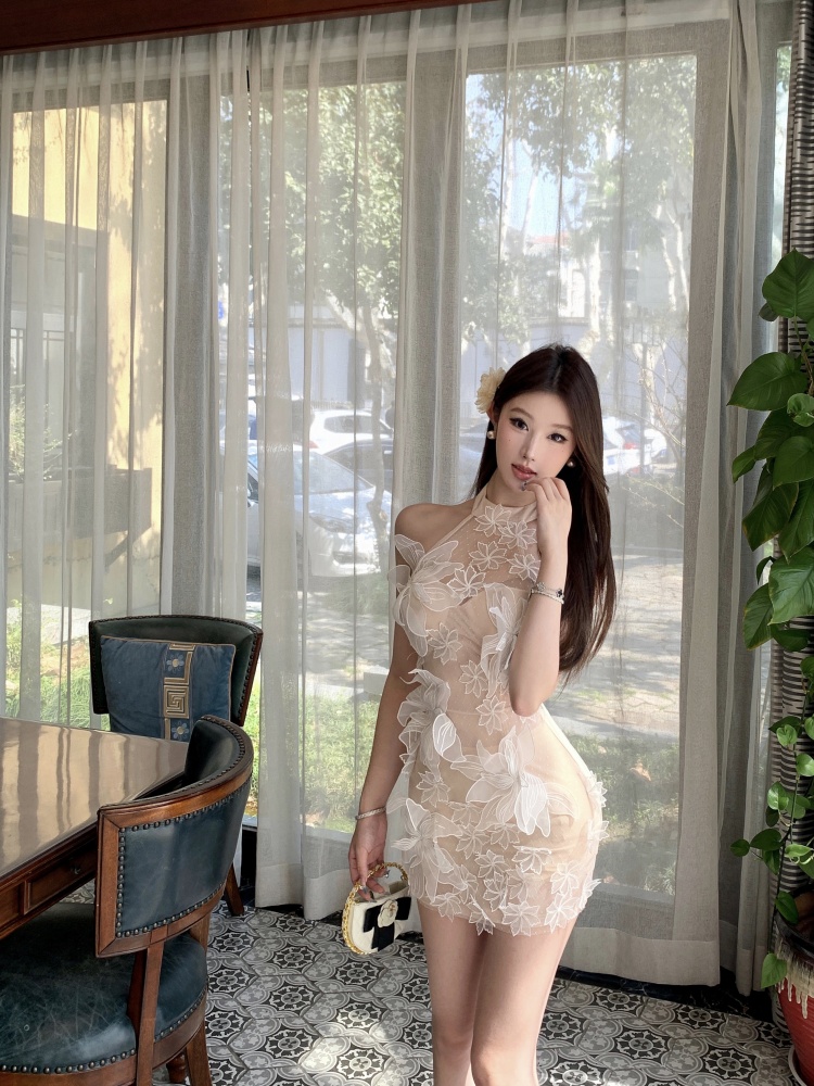 實拍實價 通勤淑女顯瘦包臀裙風網紗掛脖連衣裙短款