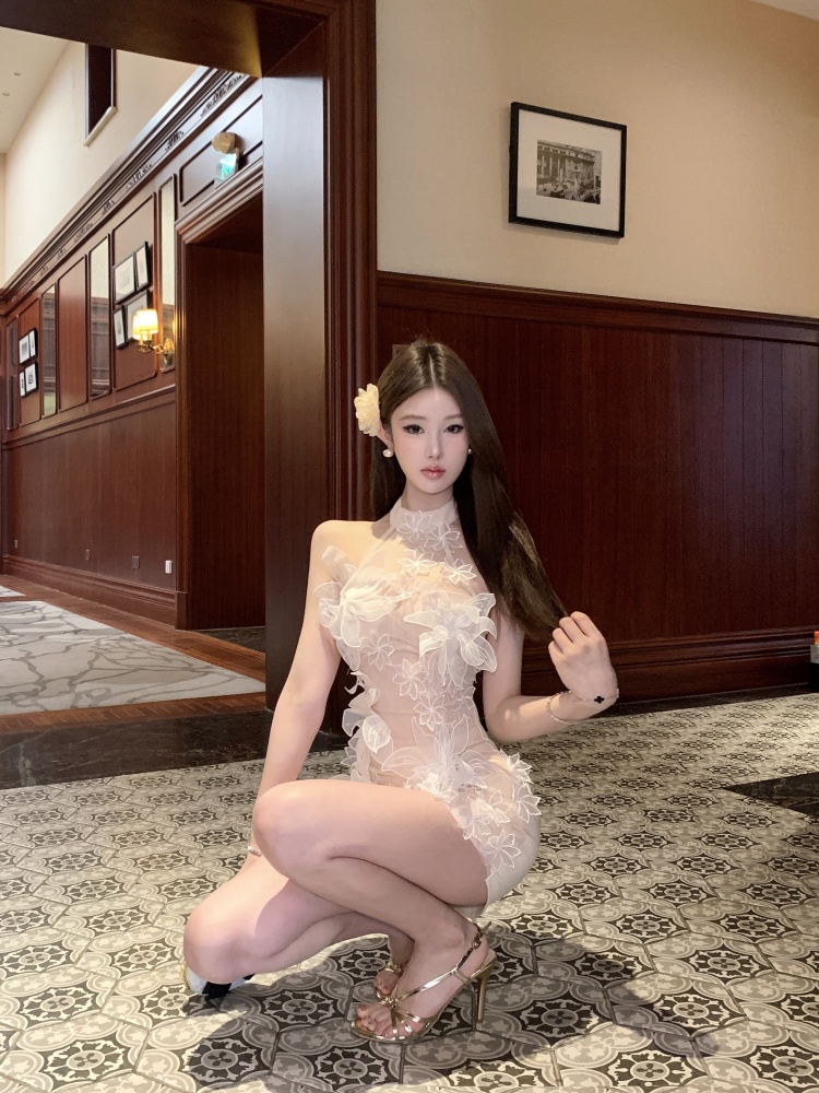 實拍實價 通勤淑女顯瘦包臀裙風網紗掛脖連衣裙短款