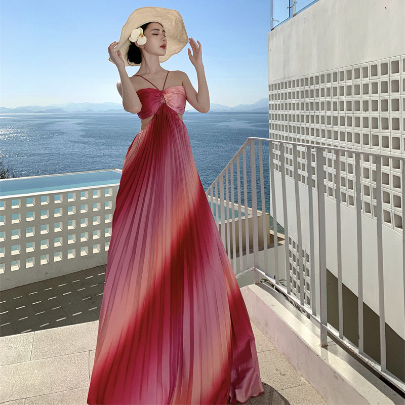 Pleated long dress 歐美性感抹胸露背系帶壓褶大擺漸變色連衣裙