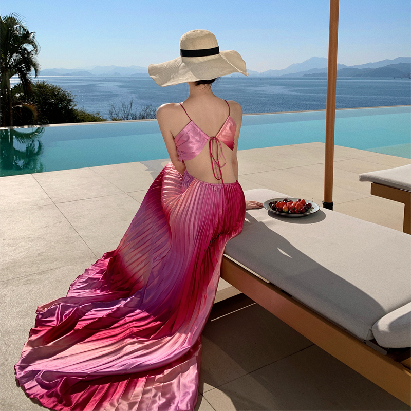 Pleated long dress 歐美性感抹胸露背系帶壓褶大擺漸變色連衣裙