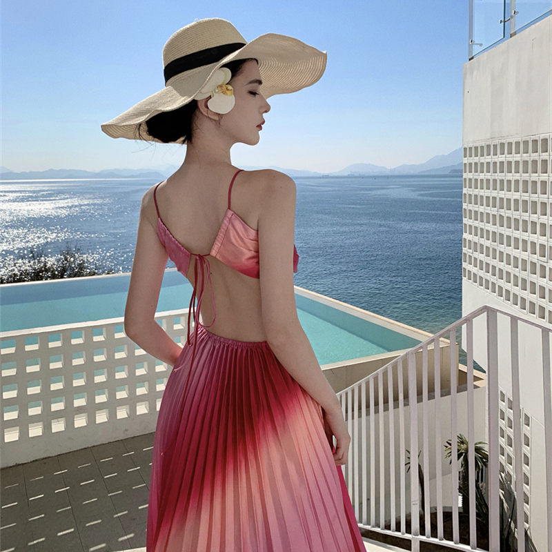 Pleated long dress 歐美性感抹胸露背系帶壓褶大擺漸變色連衣裙