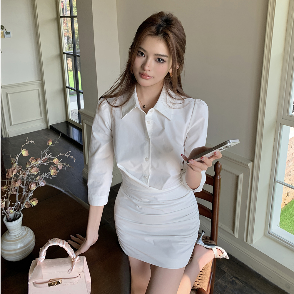 實拍2026春裝新款純白色七分袖顯瘦氣質通勤連衣裙女襯衫包臀短裙