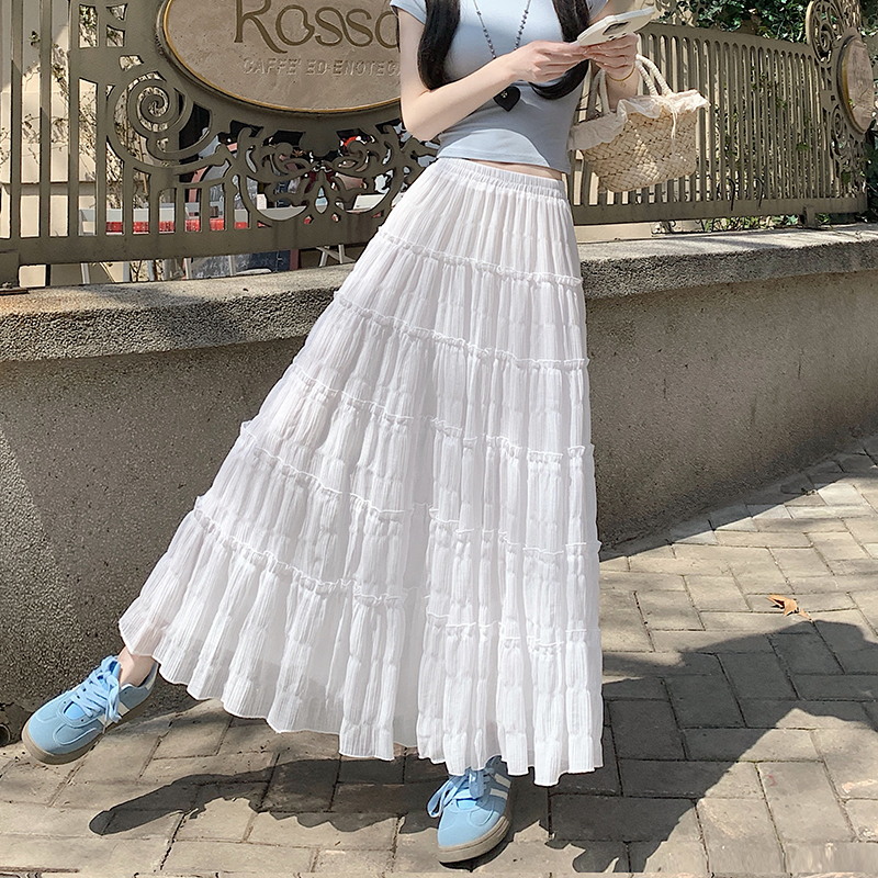 實拍2026春季新款顯瘦百搭雪紡木耳邊半身裙女生韓版中長蛋糕裙女