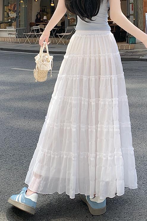 實拍2026春季新款顯瘦百搭雪紡木耳邊半身裙女生韓版中長蛋糕裙女