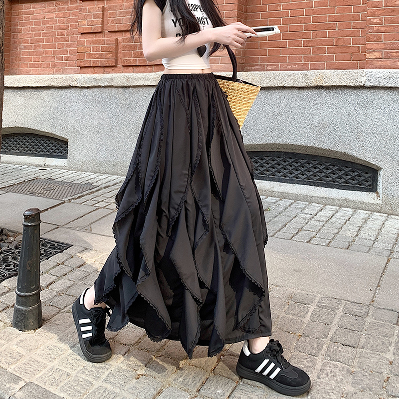 實拍白色荷葉邊不規則蕾絲拼接半身裙女夏季新款高腰A字長裙