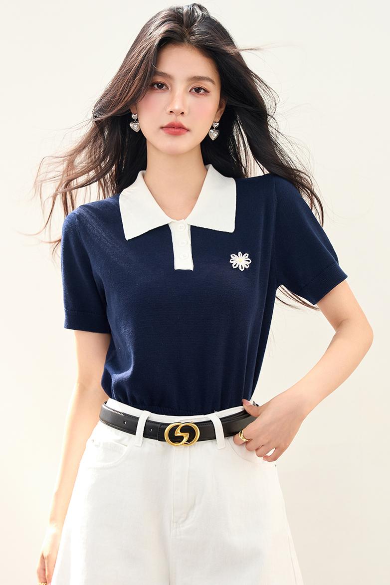 實拍◆◆百搭針織衫2026年夏撞色清新小雛菊POLO針織上衣