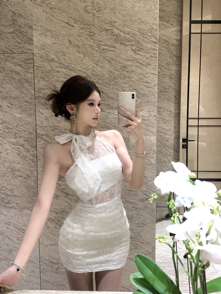 實拍實價 辣妹蕾絲綁帶掛脖包臀連衣裙短款