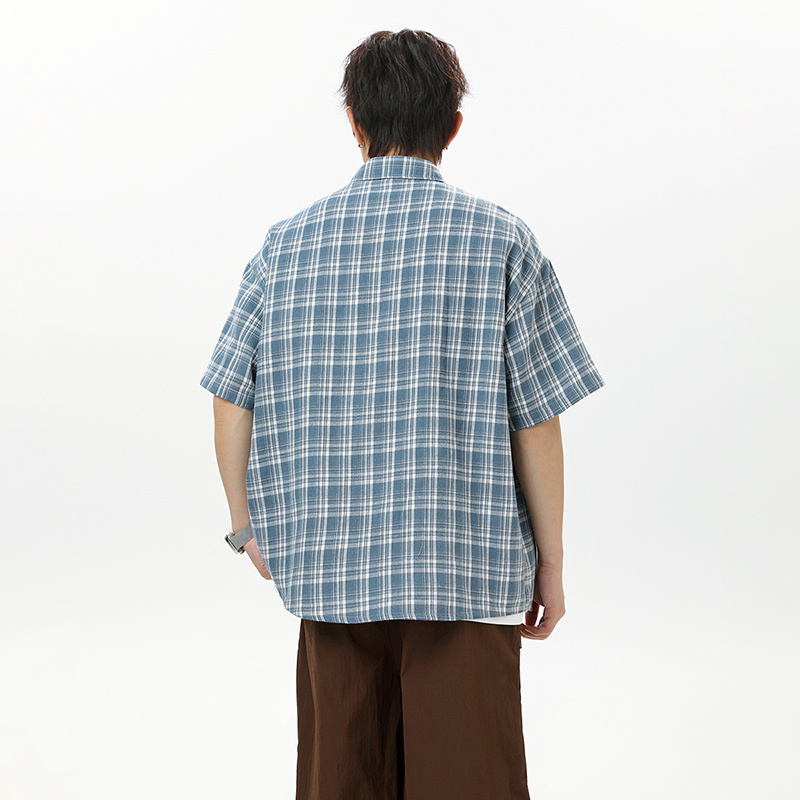 實拍2025夏季新款日系格子短袖襯衫男港風簡約寬松學院風襯衣男
