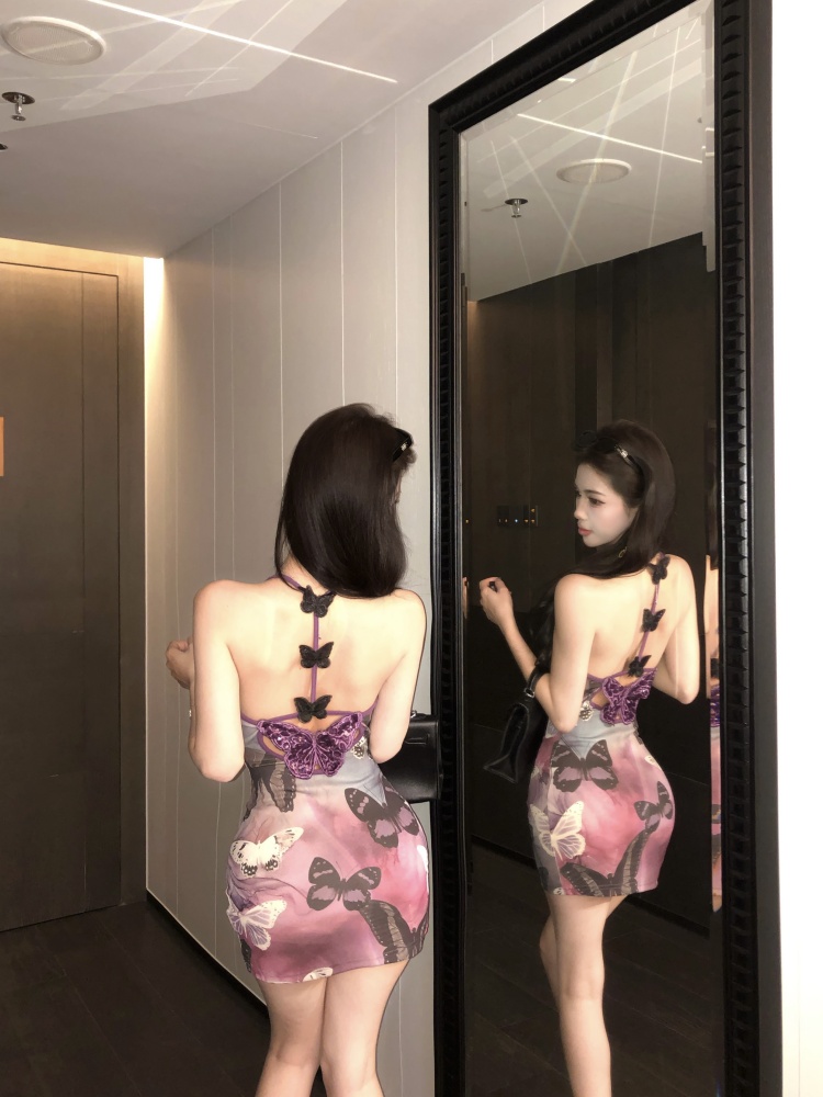 實拍實價 辣妹鏤空蝴蝶結蕾絲拼接連衣裙短款