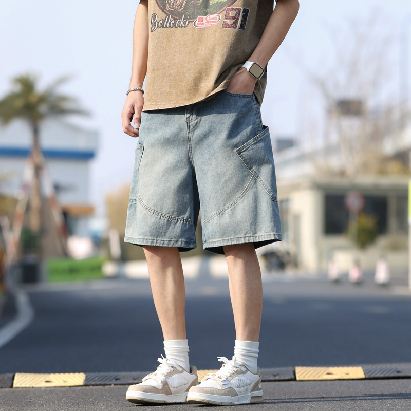實拍牛仔短褲男潮流美式復古工裝休閑五分褲2025夏季寬松直筒中褲