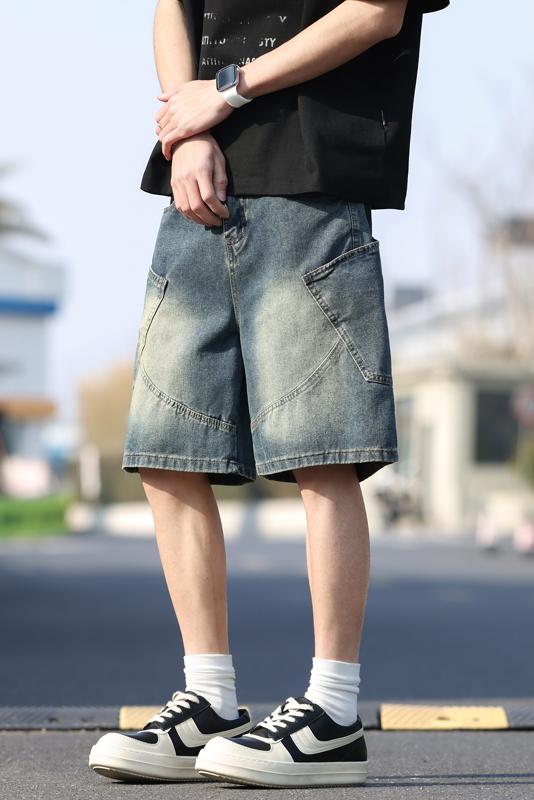 實拍牛仔短褲男潮流美式復古工裝休閑五分褲2025夏季寬松直筒中褲