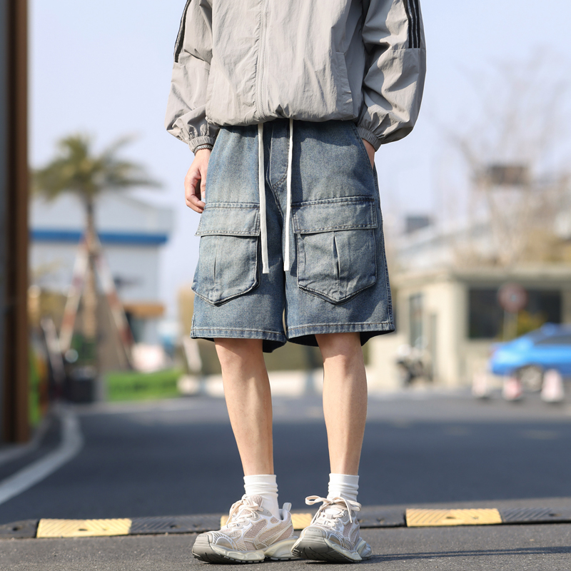 2025夏季新款寬松潮牌牛仔短褲男百搭大口袋洗水做舊工裝五分中褲