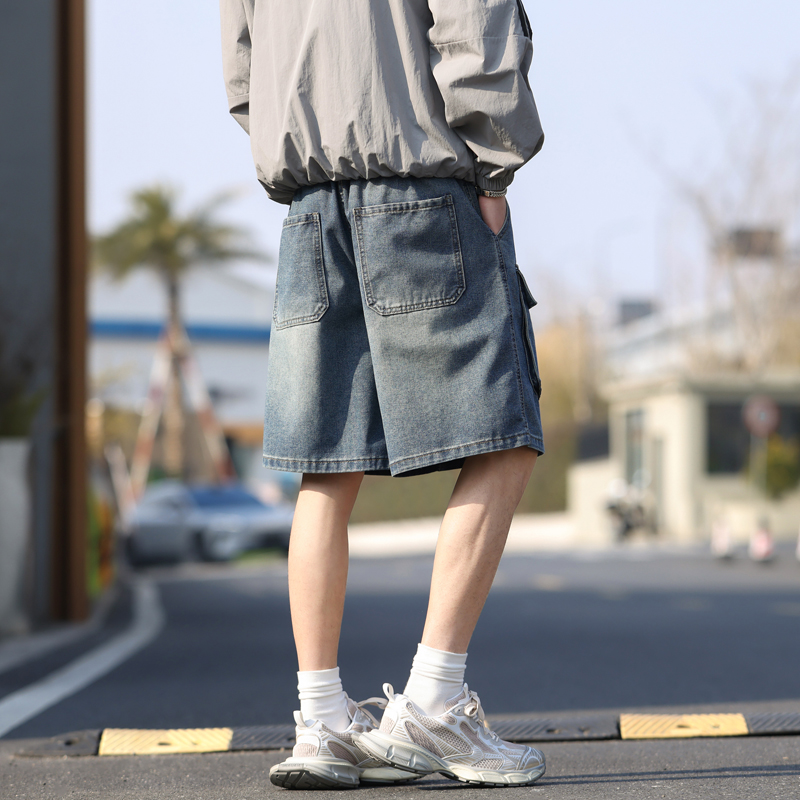 2025夏季新款寬松潮牌牛仔短褲男百搭大口袋洗水做舊工裝五分中褲