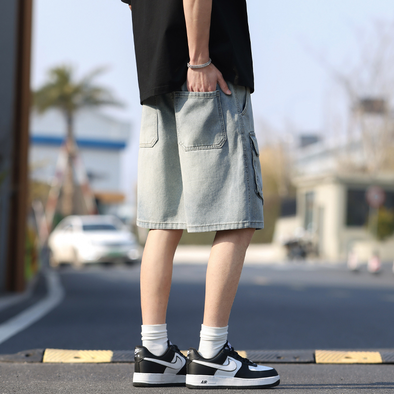 2025夏季新款寬松潮牌牛仔短褲男百搭大口袋洗水做舊工裝五分中褲